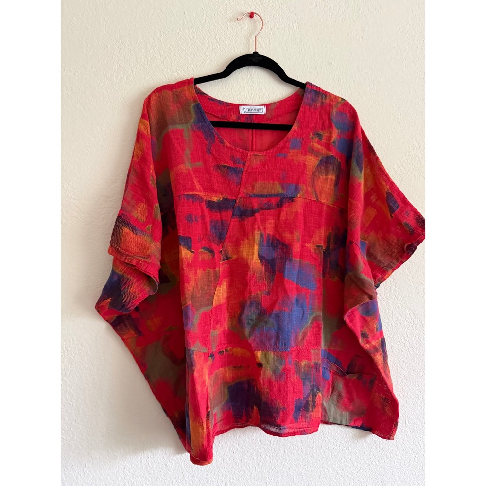 T by Transparente Red Abstract Watercolor Linen Cotton Top Sz 3-L/XL Lagenlook